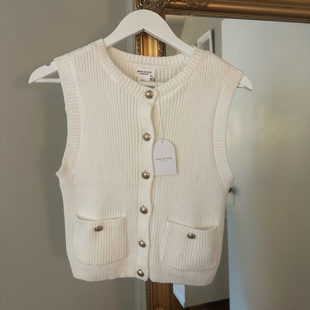 White Knit Button-Up Vest